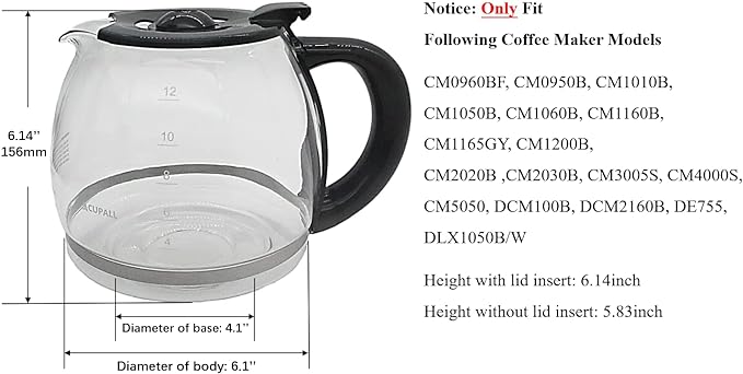 Replacement Coffee Carafe for Black and Decker 12-CUP Coffee Maker, Black Handle