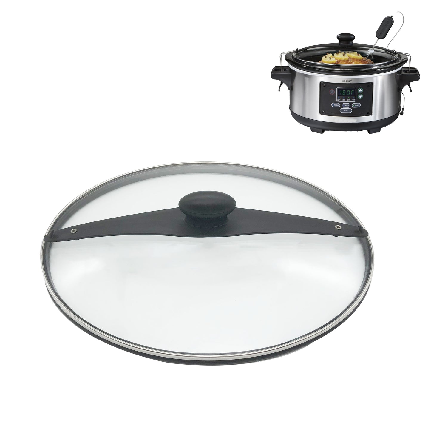 Oval Glass Lid Compatible with Hamilton Beach Slow Cooker (6quart) Model 33969 33665, The Silicon Ring around the lid help to seal the pot, Clips help to lock the lid.