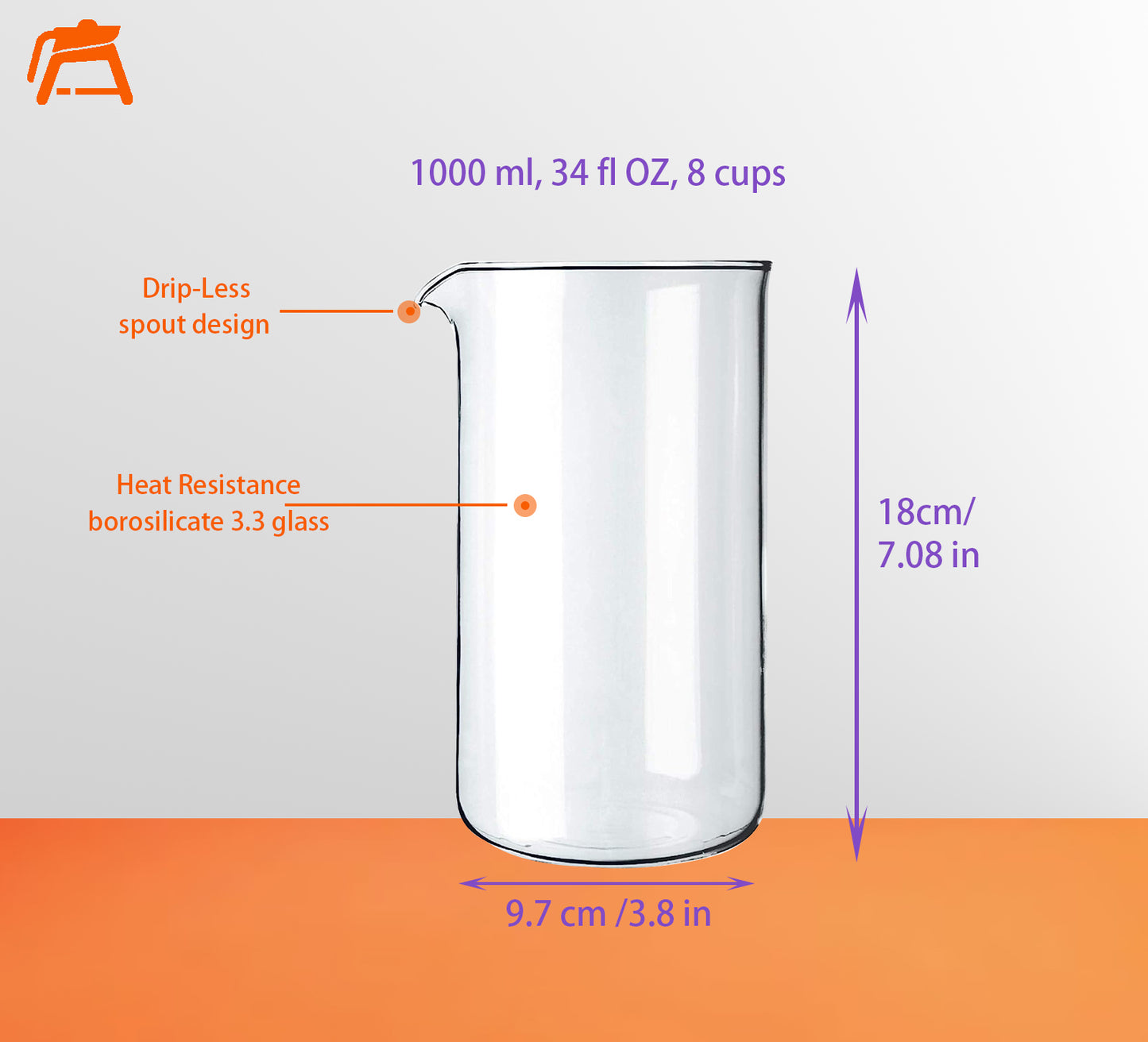 French Press glass Beaker, 34 oz, fit e with Bodum, Bayka,Utopia ... most of 34oz french press, Borosilicate 3.3 Glass