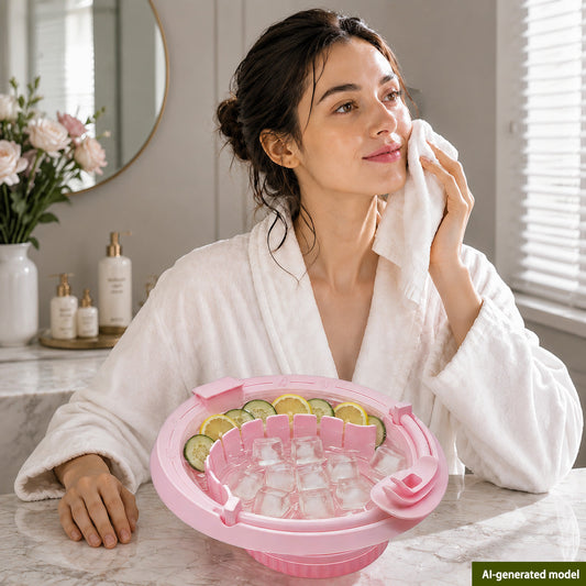 Woman using CryoHydro Ice Face Basin for fast morning de-puffing