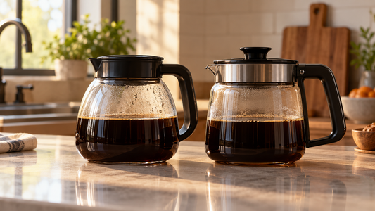 Illustrative kitchen scene with two different glass coffee carafes for a model fit guide