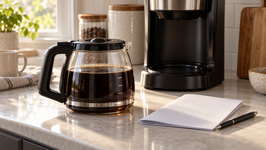 Illustrative kitchen scene with a glass coffee carafe beside a brewer and a model-check note
