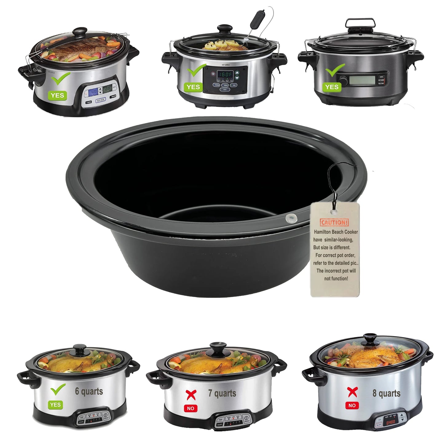 6 Quart Replacement Slow Cooker Ceramic Pot, replacement stoneware, Only Compatible For Hamilton Beach slow cooker replacement parts 33969/33665/33861/33261/33866 (6 quart)