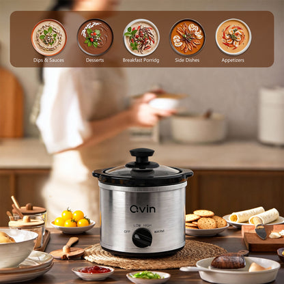 Qvin 0.65 Qt Mini Slow Cooker – Compact Personal Crock Pot with Adjustable Temperature Control & Glass Lid
