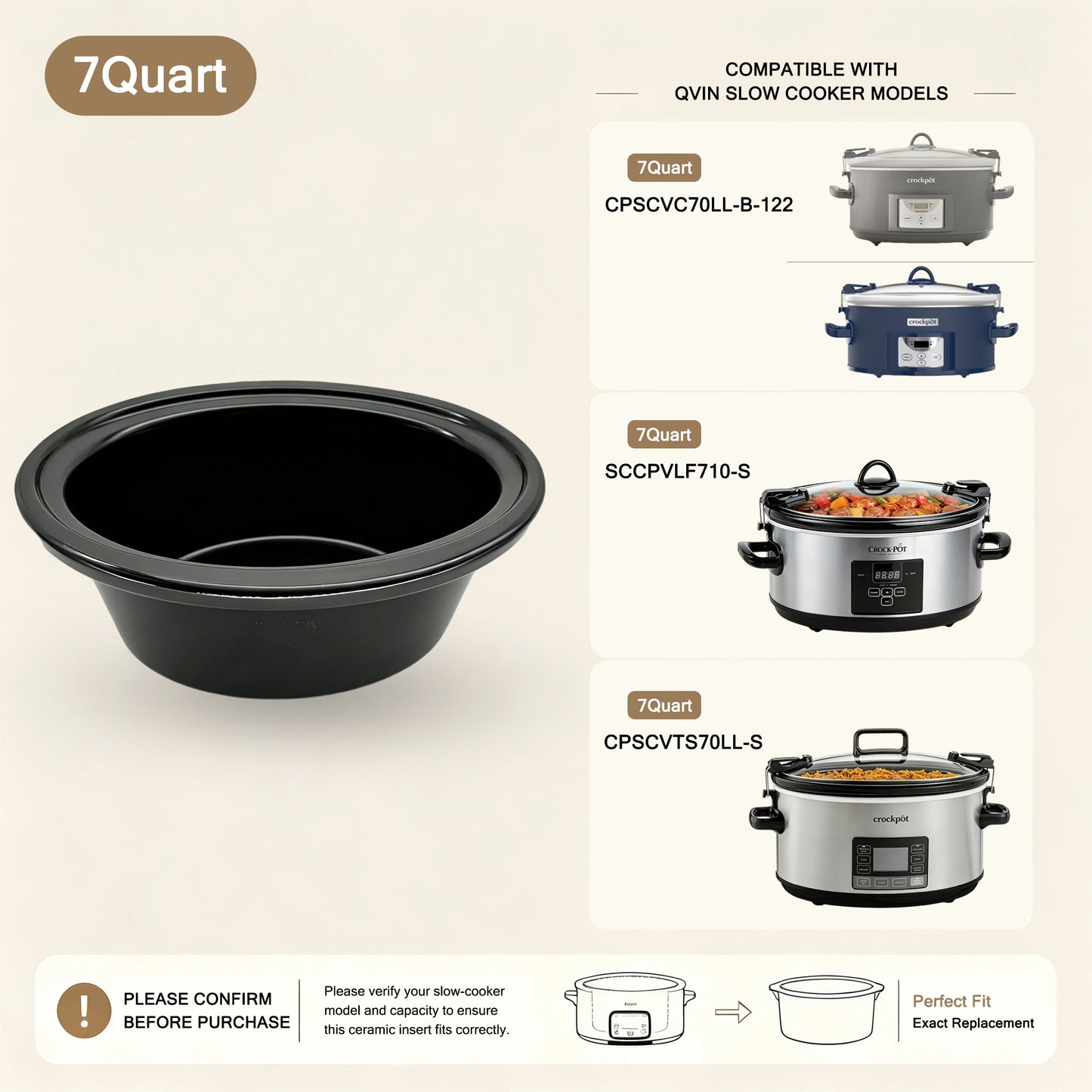 7-Quart Replacement Ceramic Inner Pot for Crock-Pot Slow Cooker – CPSCVTS70LL-S, SCCPVLF710-S & CPSCVC70LL-B-122