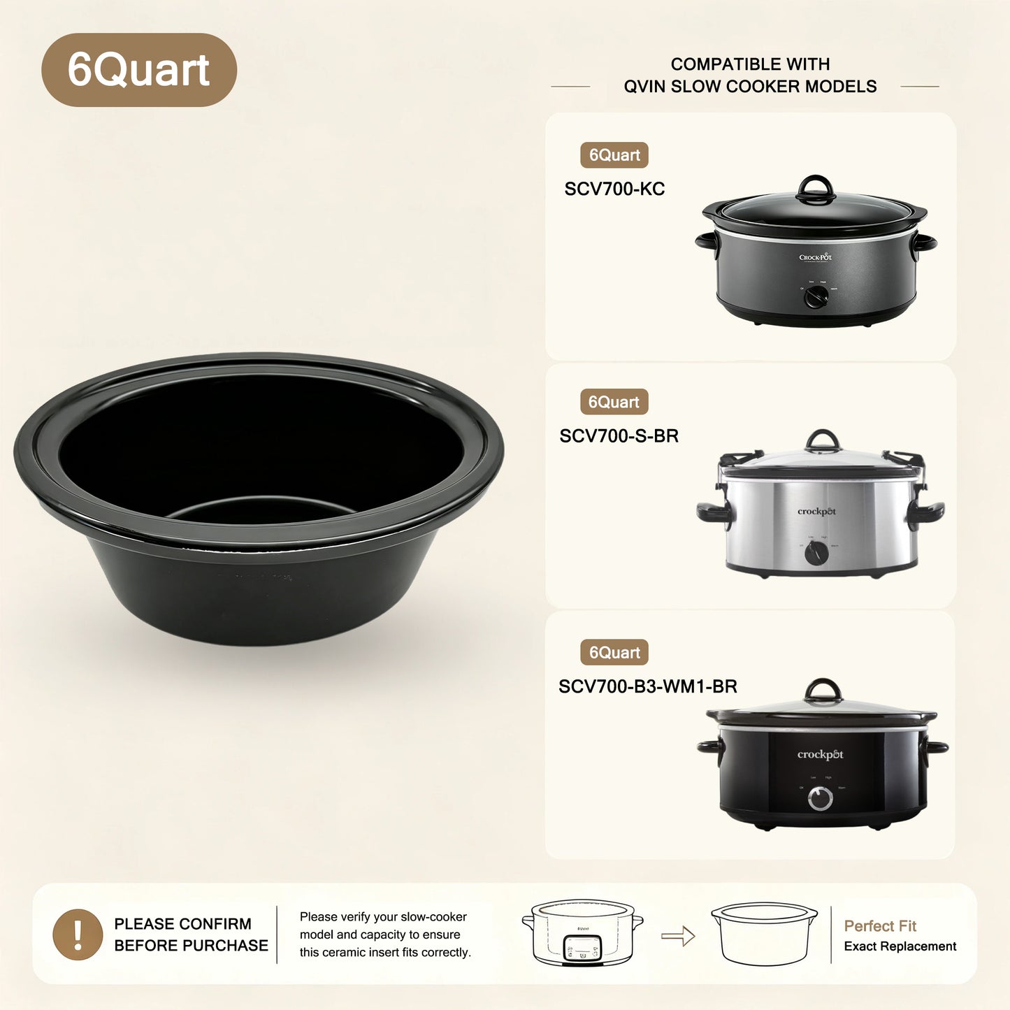 7-Quart Replacement Ceramic Inner Pot for Crock-Pot Slow Cooker – SCV700-S-BR, SCV700-KC & SCV700-B3-WM1-BR