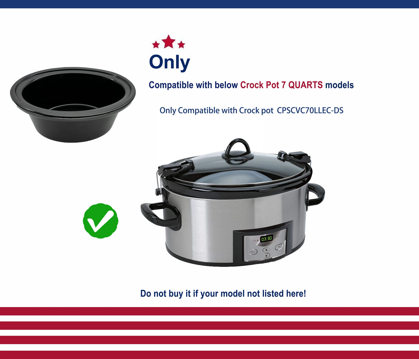 Oval Ceramic Slow Cooker Pot Replacement for Crockpot CPSCVC7OLLEC-DS & CPSCVC60LL-S