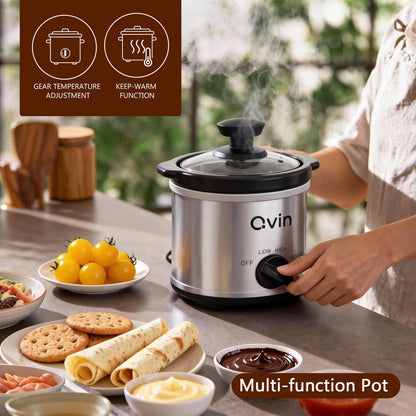 Qvin 0.65 Qt Mini Slow Cooker – Compact Personal Crock Pot with Adjustable Temperature Control & Glass Lid