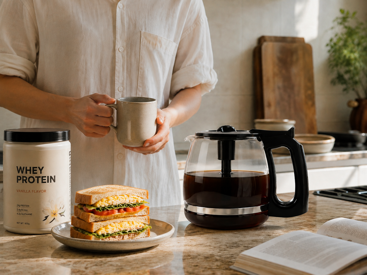A person in a white shirt stands in a kitchen holding a mug beside a whey protein tub, a sandwich on a plate, and a glass coffee maker with dark coffee. The tub label reads Whey Protein Vanilla Flavour.
