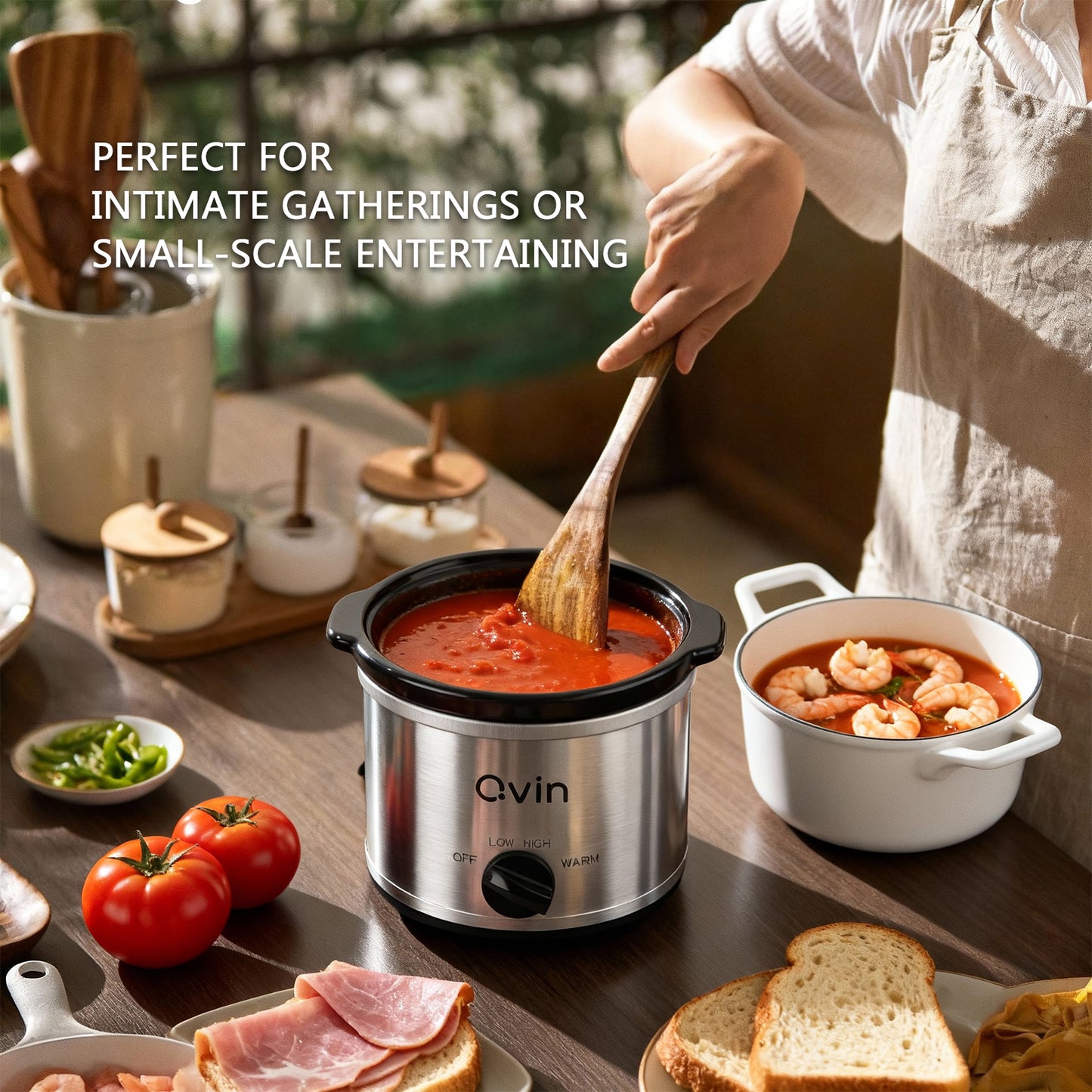 Qvin 0.65 Qt Mini Slow Cooker – Compact Personal Crock Pot with Adjustable Temperature Control & Glass Lid