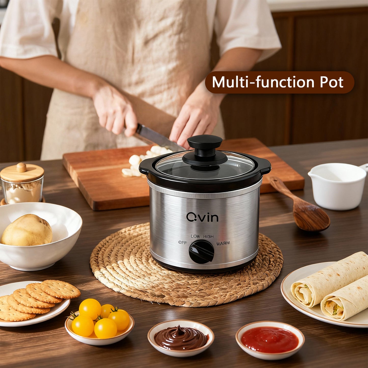 Qvin 0.65 Qt Mini Slow Cooker – Compact Personal Crock Pot with Adjustable Temperature Control & Glass Lid