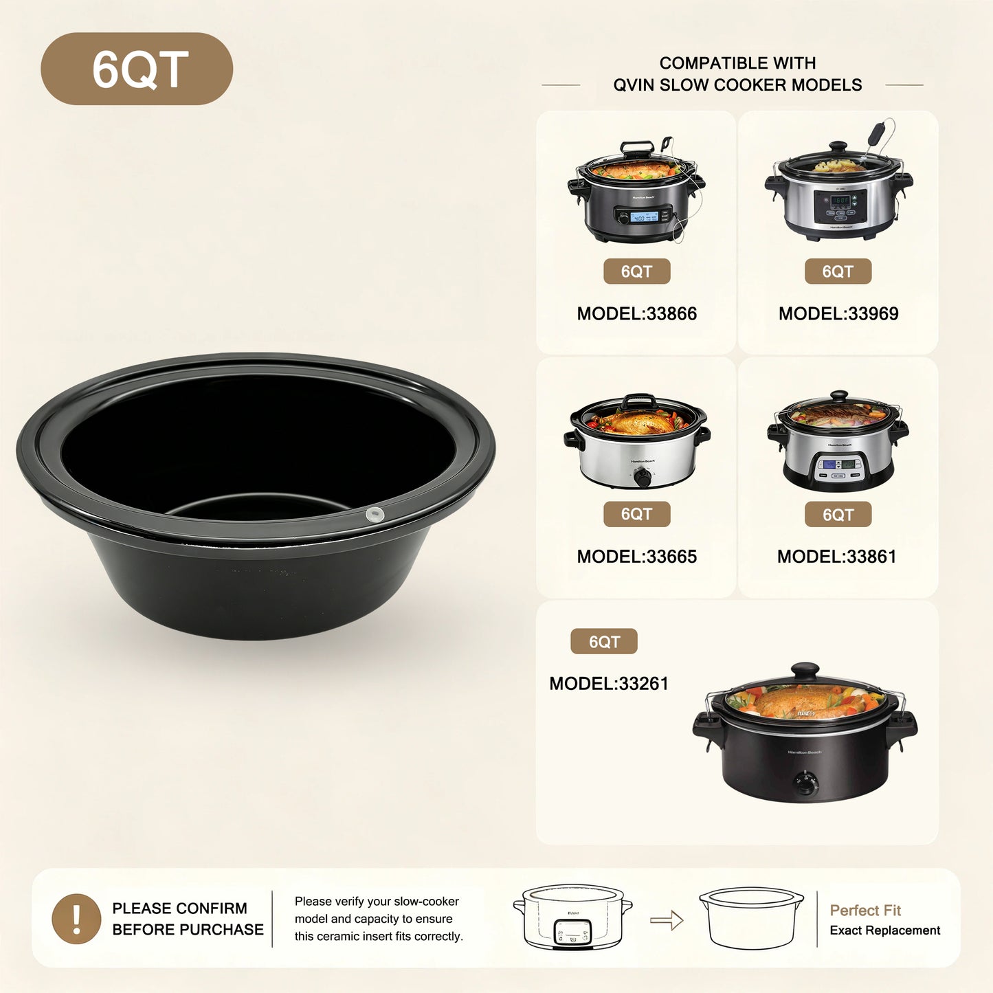 6-Quart Replacement Ceramic Inner Pot for Hamilton Beach Slow Cooker – Models 33969, 33665, 33861, 33261 & 33866