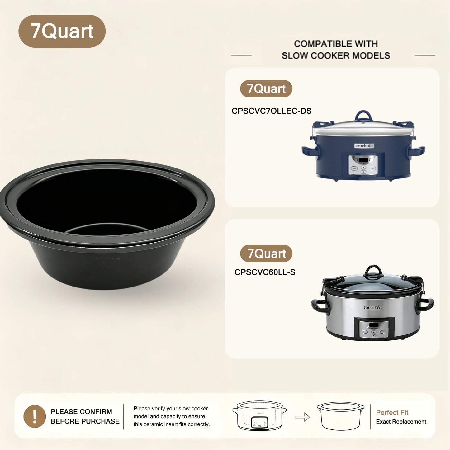 7-Quart Replacement Oval Ceramic Inner Pot for Crock-Pot Slow Cooker – CPSCVC7OLLEC-DS & CPSCVC60LL-S