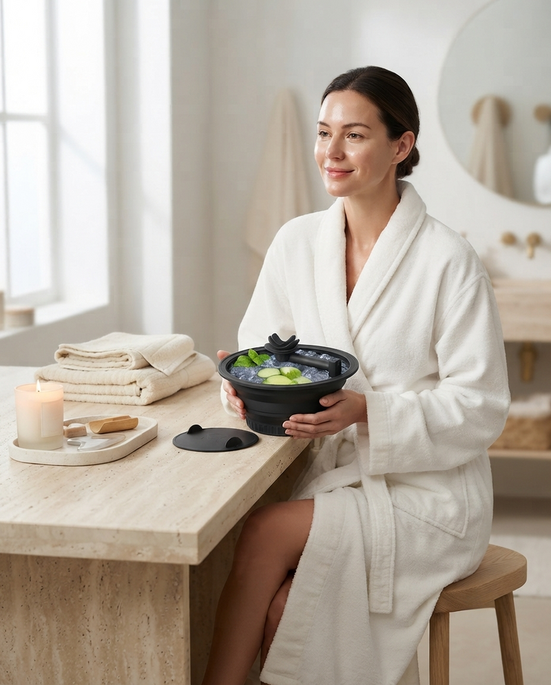 At-home self-care facial ice bath ritual