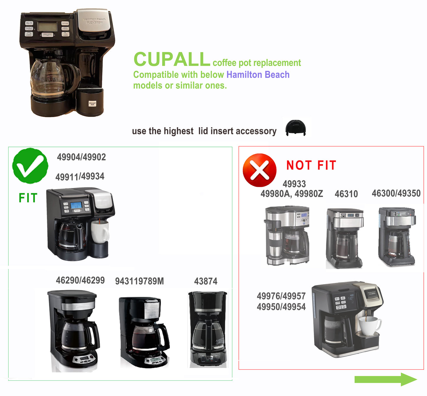 Coffee Machine Replacement 12CUP Glass Carafe, Fit With Hamilton Beach 49902 49904, 46290 46299 46293 43874 49630 49615