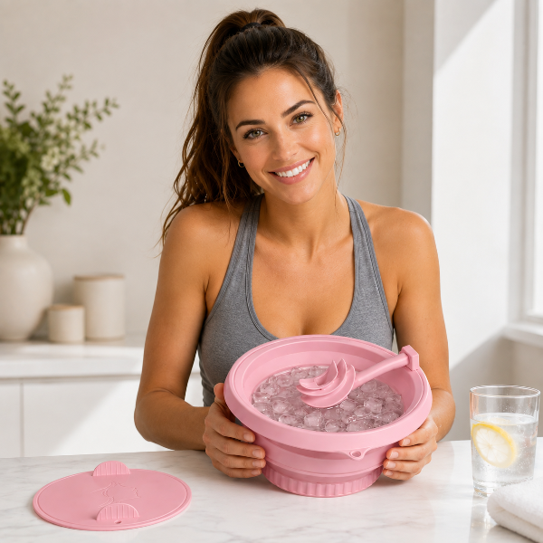 A smiling woman in a gray tank top holds a pink collapsible foot bath filled with ice and a pink spoon. The matching pink lid sits on the white marble counter beside her, with a glass of water and a vase in the softly lit background.